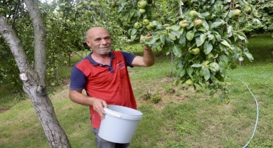 Bahçesinde yetiştirdiği ürünleri yoldan geçenlerle paylaşıyor