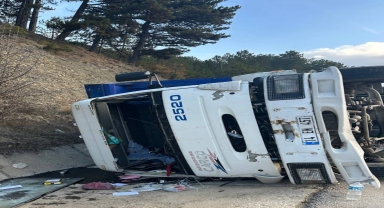 Bolu'nun Göynük ilçesinde devrilen kamyonun sürücüsü yaralandı