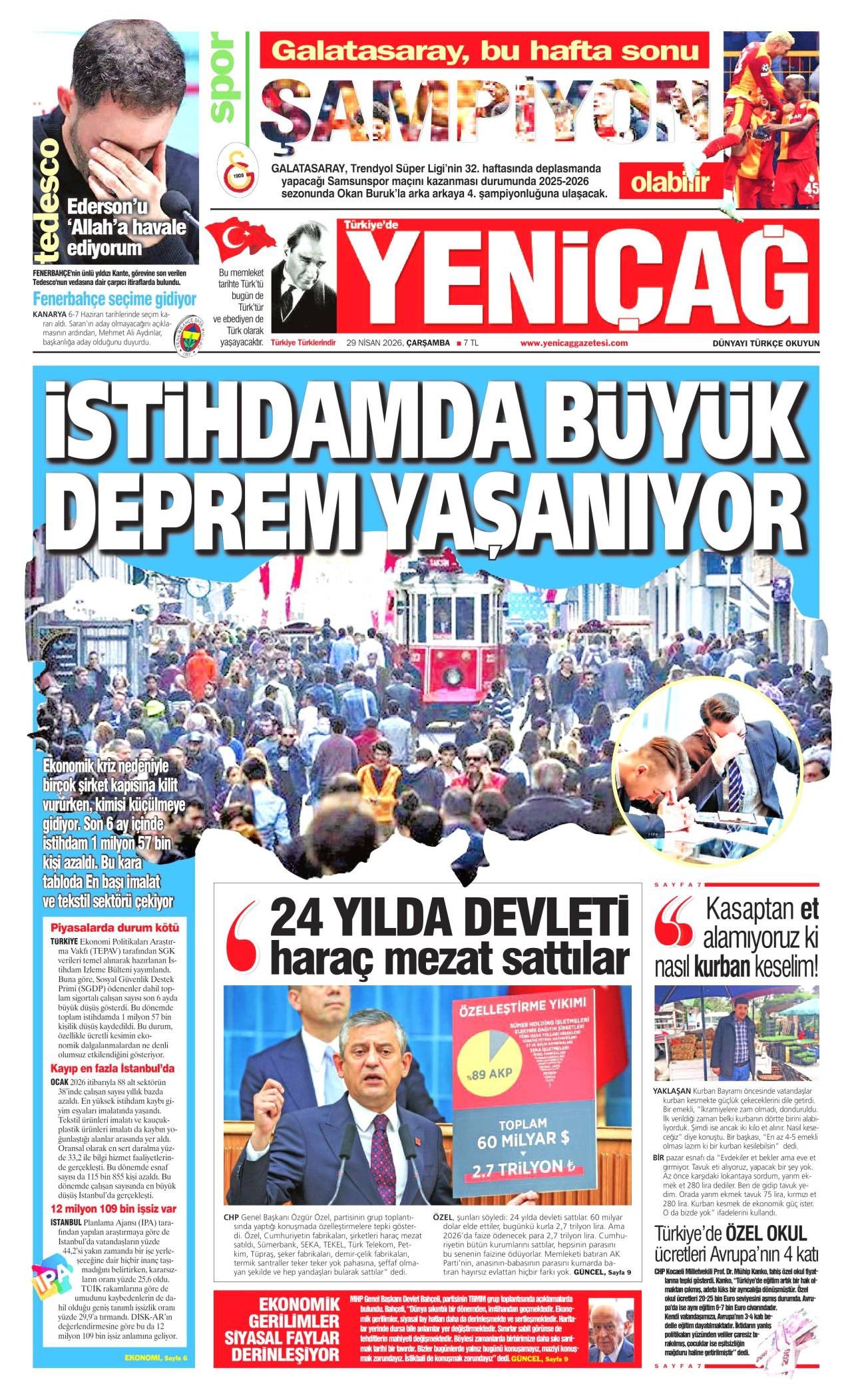 Yeniçağ Gazetesi Gazete Manşeti